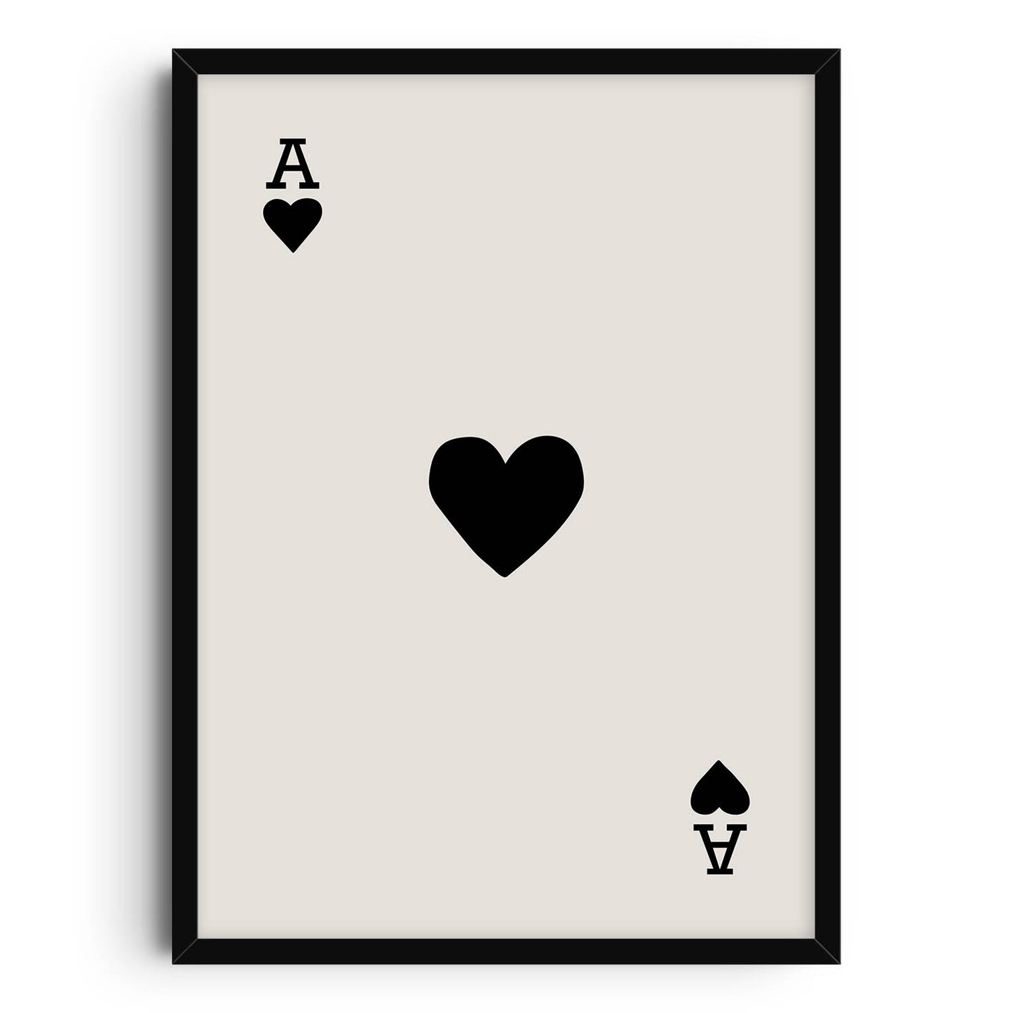 Minimalist black and white art print featuring an Ace of Hearts playing card design. A simple heart symbol in the center with an A in the top left and bottom right corners. Perfect for minimalist decor, offering a bold yet elegant design element.