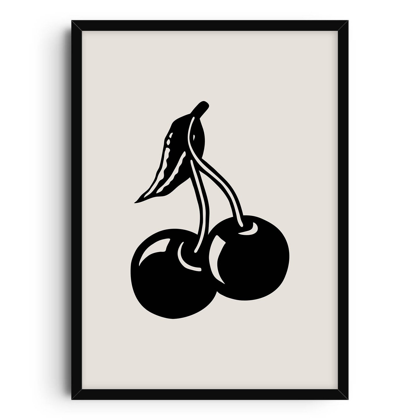 Minimalist black and white illustration of two cherries with a leaf, drawn in a bold line style. The cherries are depicted on a light beige background, creating a simple yet modern aesthetic perfect for contemporary or Scandinavian-inspired decor.