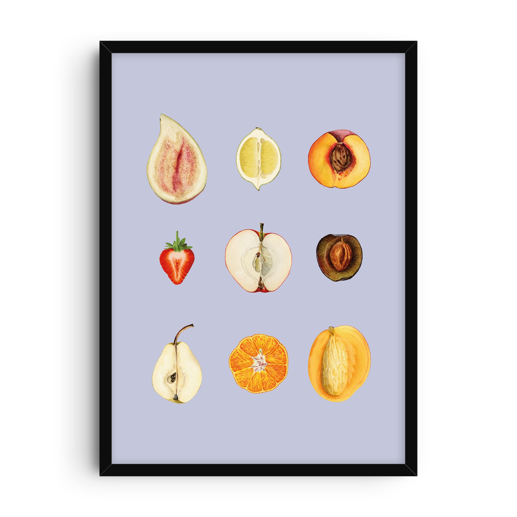 Playful fruit illustration featuring figs, peaches, citrus, apple, pear, and strawberry cross-sections arranged with a feminine, humorous twist.