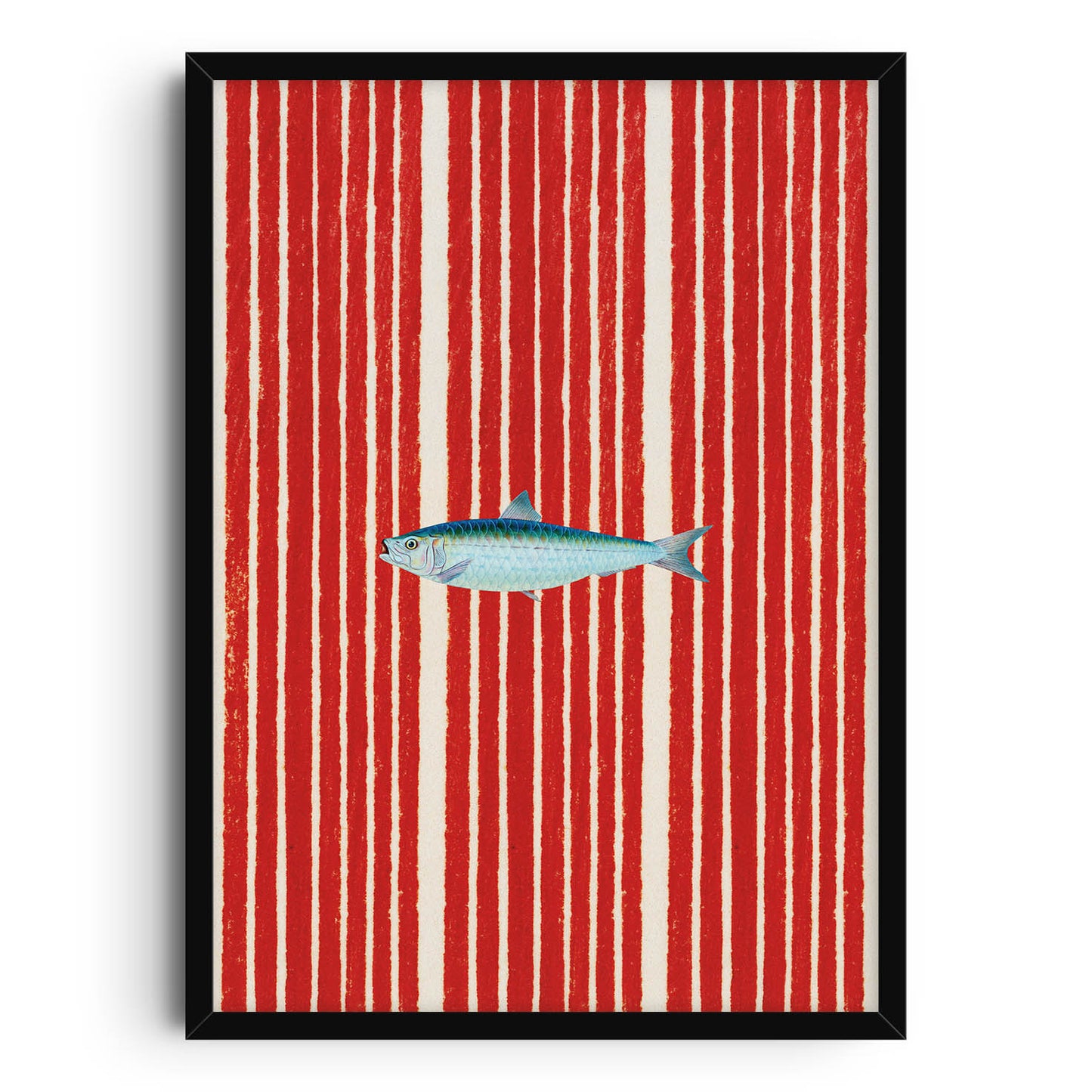 Vibrant art print featuring a detailed blue fish against a bold background of vertical red stripes, combining playful nautical elements with modern abstract design.