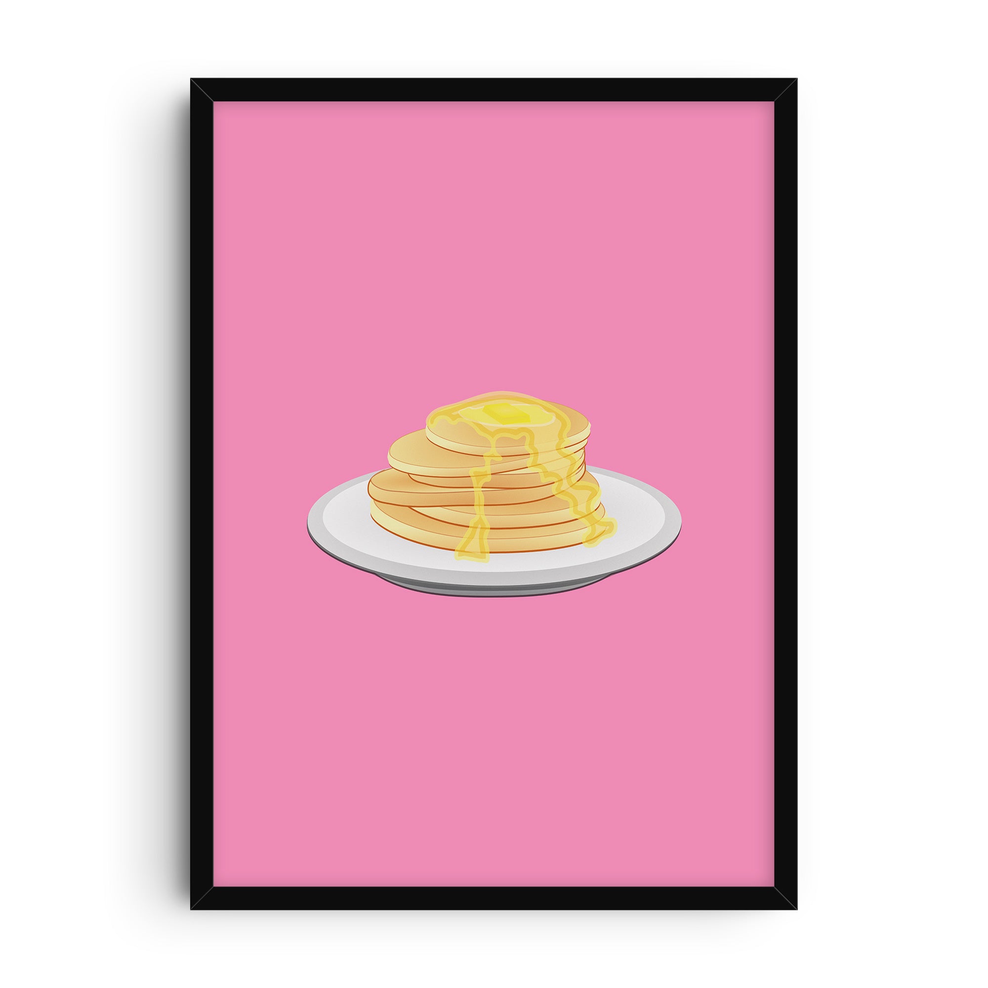 Pop-art style illustration of pancakes with butter and syrup on a white plate against a bold pink background.