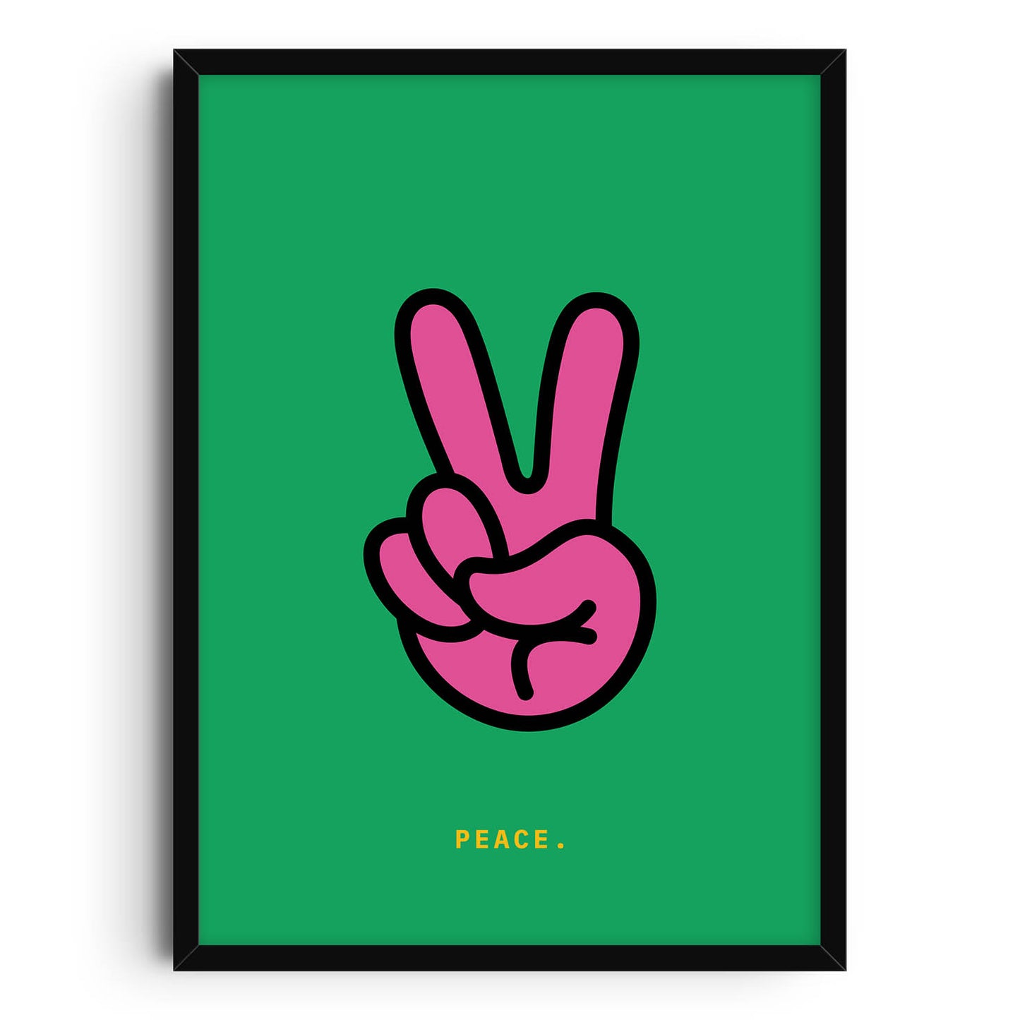 A pink cartoon-style hand outlined in black making a peace sign on a green background, with the word PEACE written in yellow at the bottom.