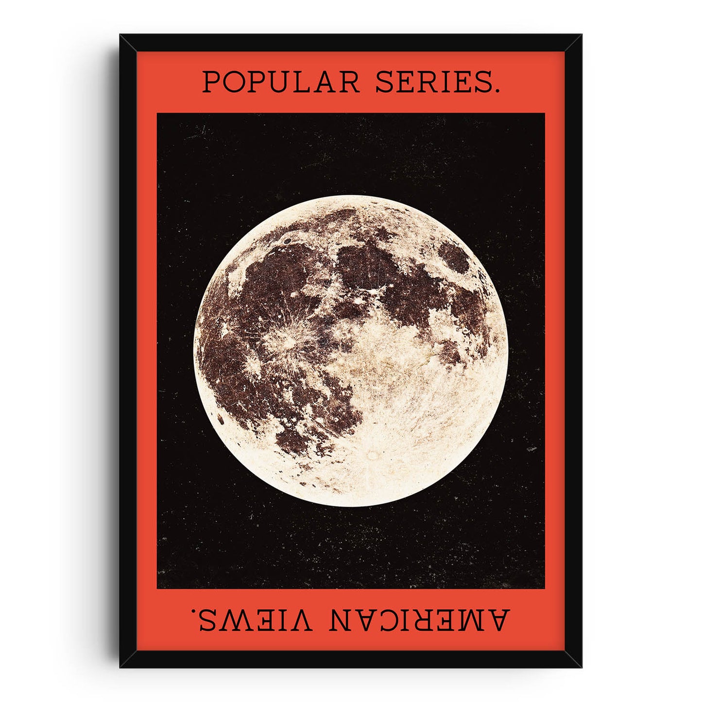 Vintage-inspired Moon Poster featuring a full moon against a bold red and black background. The lunar art print has a retro aesthetic, perfect for celestial decor and astronomy enthusiasts. Ideal for creating a unique and striking gallery wall.