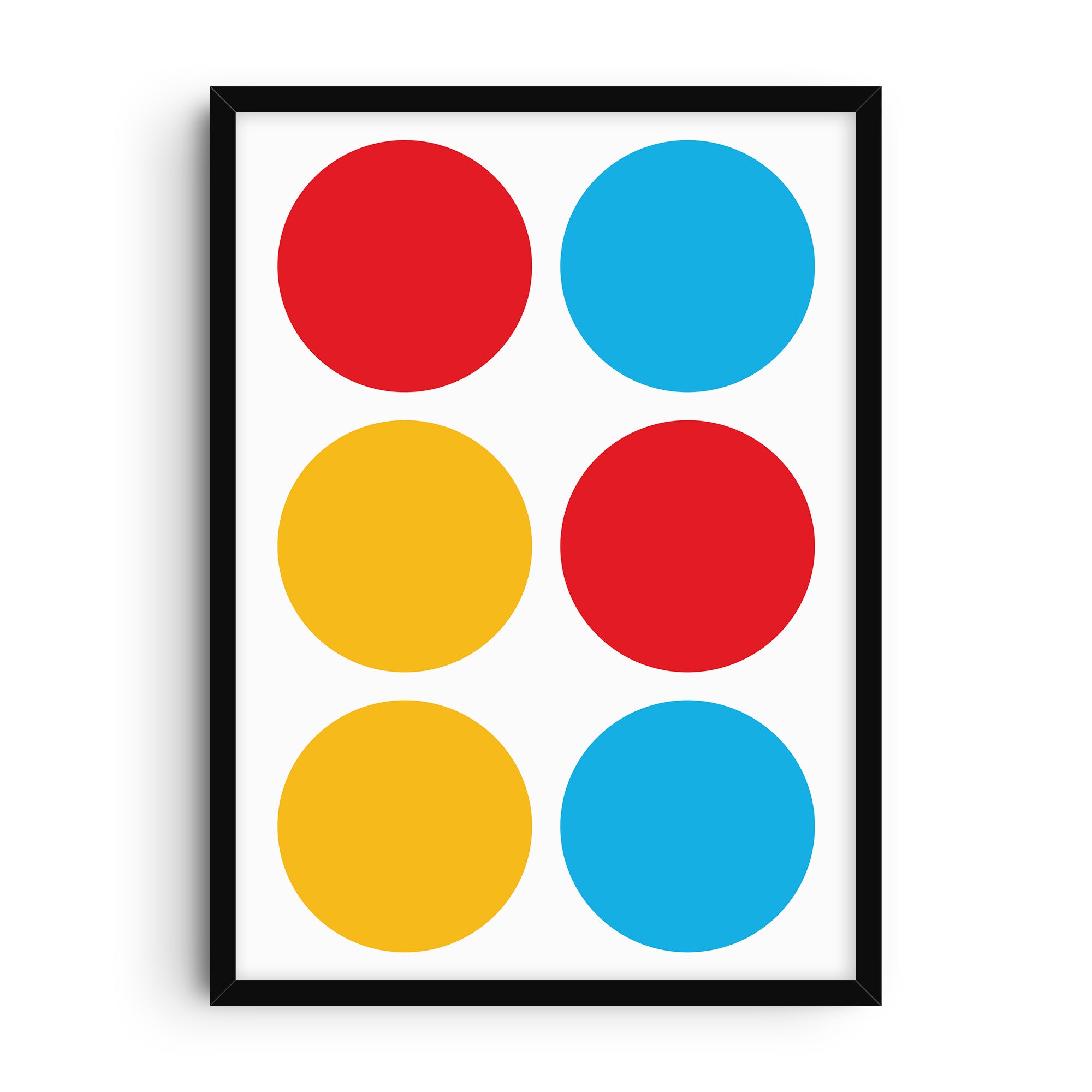 Minimalist Bauhaus-style art print of six large colorful circles arranged in three rows, in red, yellow, and blue on a white background.