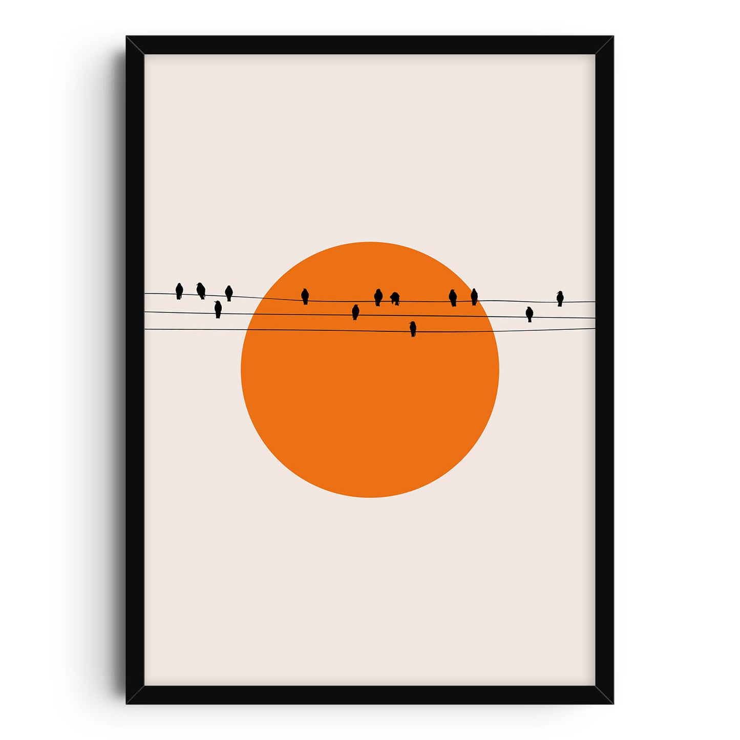 A minimalist art print featuring the silhouette of birds perched on power lines in front of a large orange sun against a neutral background.