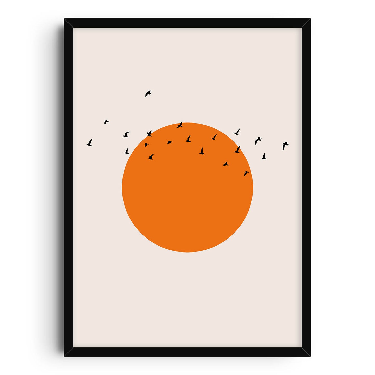 A minimalist art print featuring a large orange sun with a flock of black birds flying across a calm, neutral background, symbolizing peace and freedom.