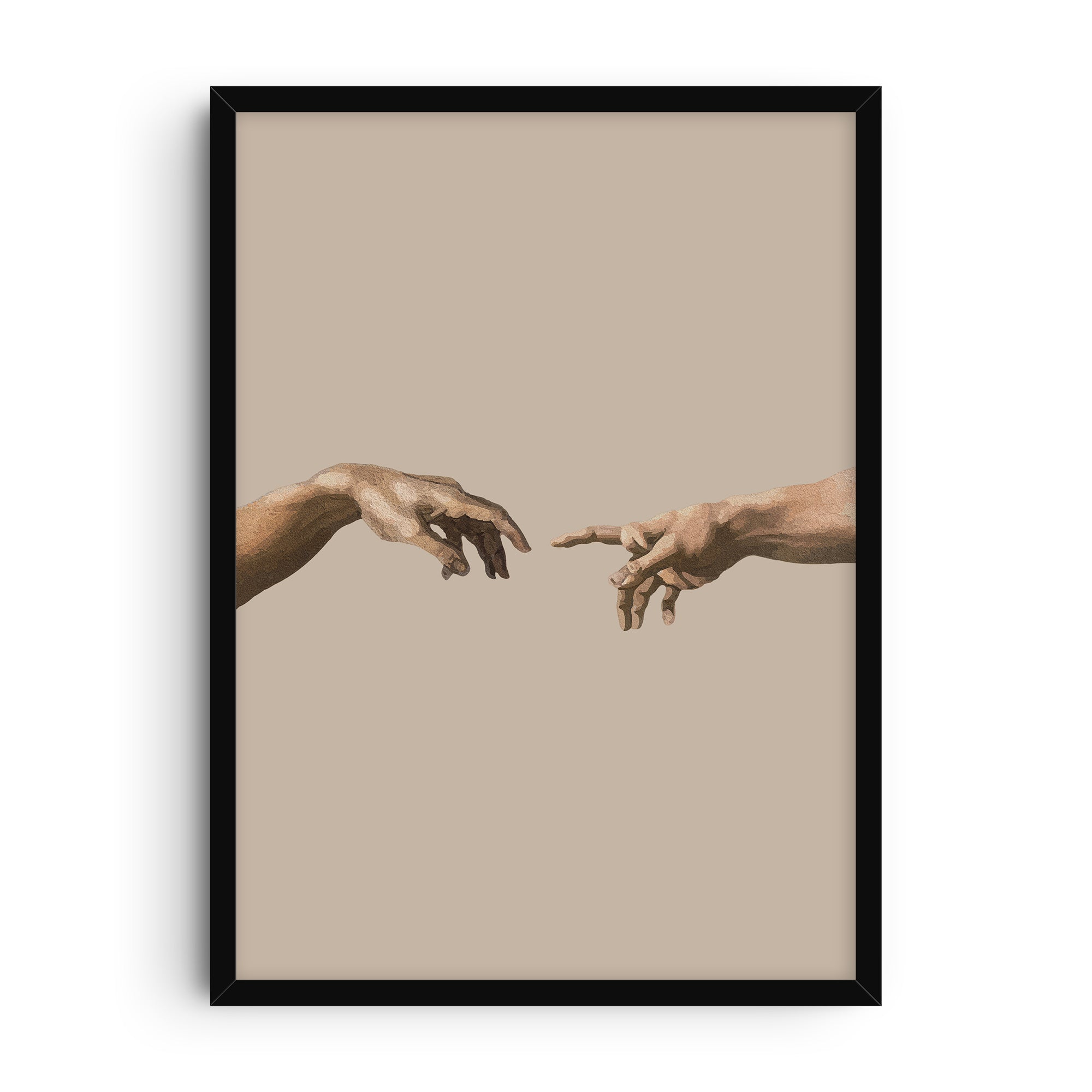 Minimalist art print inspired by Michelangelo’s The Creation of Adam, showing two detailed hands reaching toward each other against a neutral beige background.
