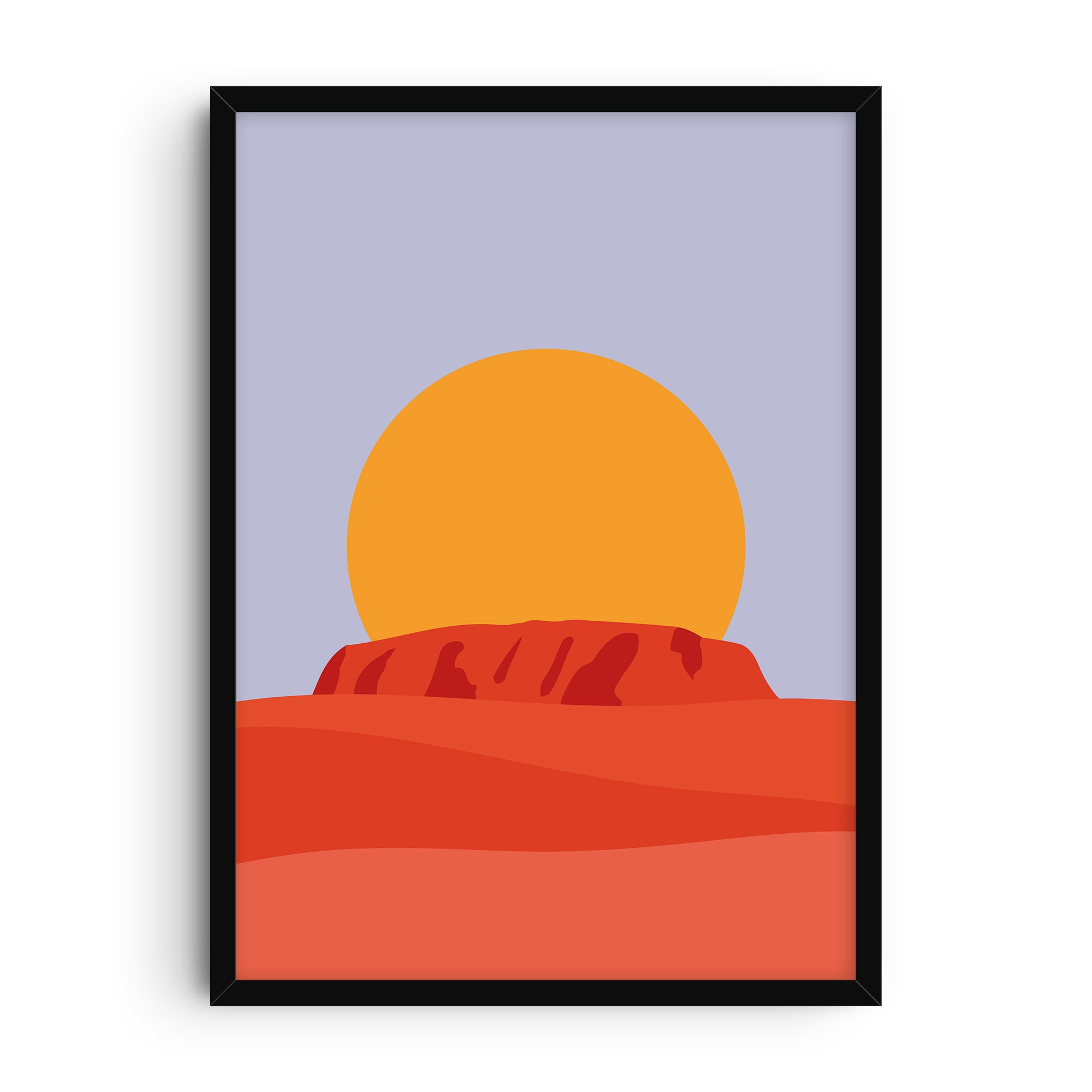 Minimalist illustration of Uluru (Ayers Rock) at sunset, featuring bold orange and red desert tones in the foreground and a large golden sun against a soft lavender sky.