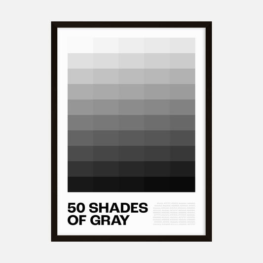 Minimalist grayscale art print with fifty shades of gray, transitioning from light gray to dark gray in a grid pattern.