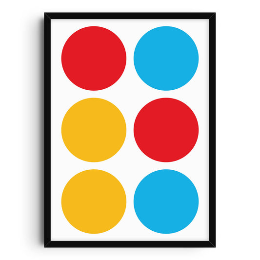 A modern geometric print featuring six large circles in primary colors red, blue, and yellow, arranged in a grid pattern on a white background. The design has a minimalist, Bauhaus-inspired aesthetic.