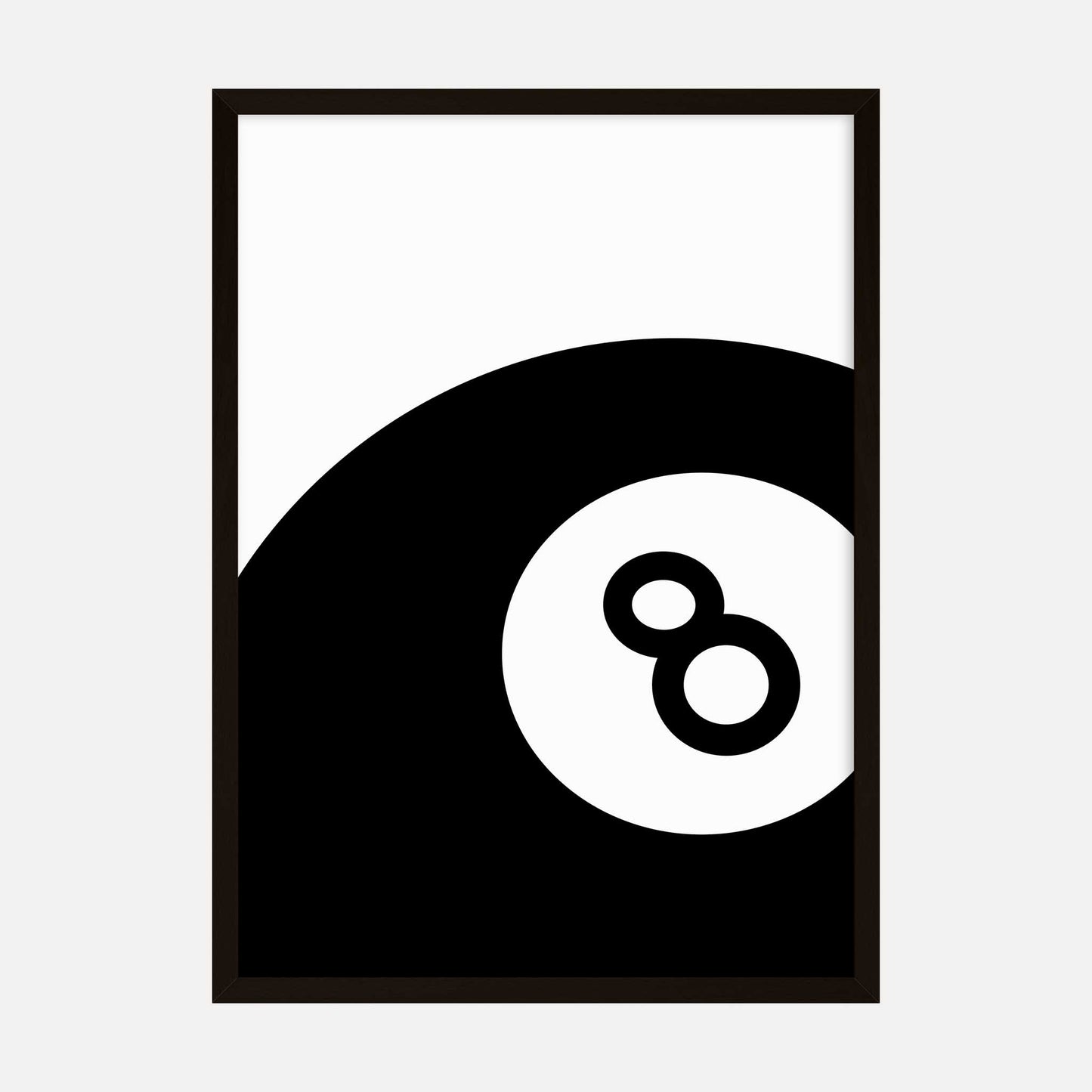 Minimalist black and white 8 Ball art print featuring a close-up of the pool ball’s iconic design.