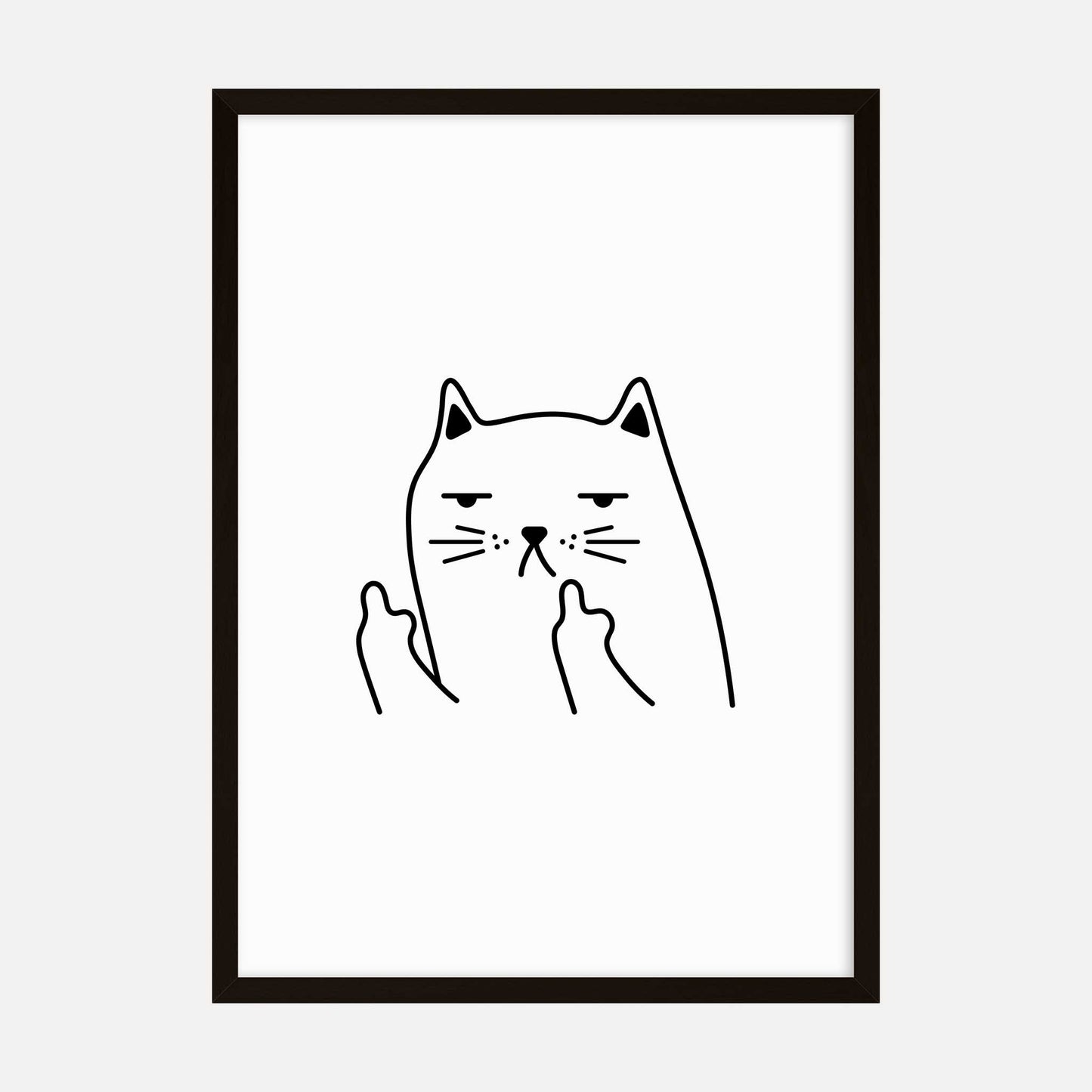 Minimalist art print of a sassy cat showing a middle finger gesture, perfect for humor-filled home decor.