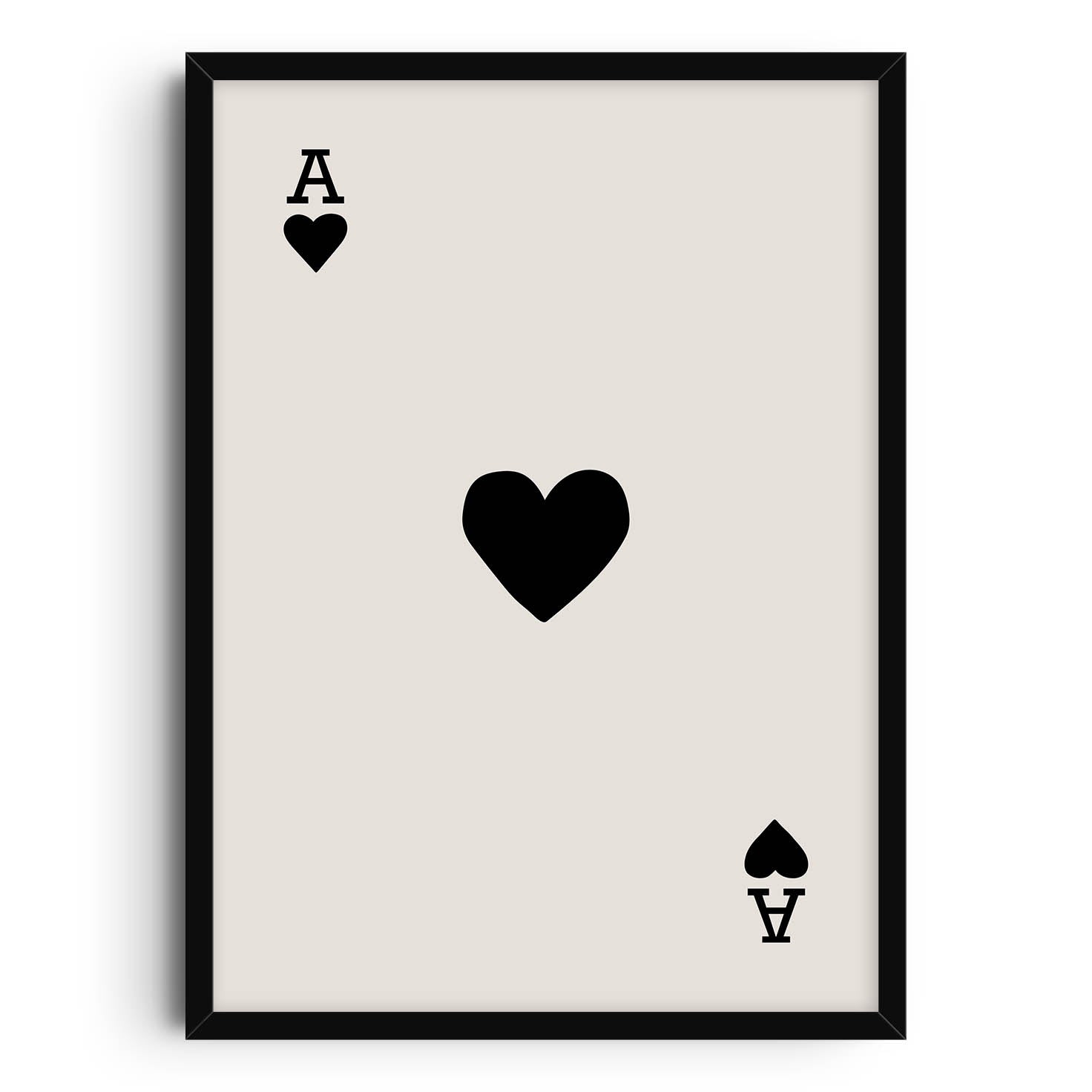 Minimalist black and white art print featuring an Ace of Hearts playing card design. A simple heart symbol in the center with an A in the top left and bottom right corners. Perfect for minimalist decor, offering a bold yet elegant design element.