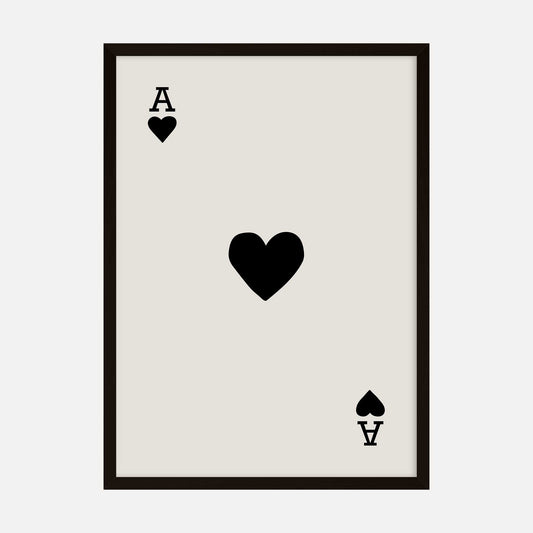 Minimalist Ace of Hearts art print featuring a black heart symbol on a neutral background.