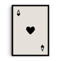 Minimalist Ace of Hearts poster featuring a large black heart centered on a soft beige background, with the letter A and small black hearts in the top left and bottom right corners, designed in the style of a playing card. A bold, graphic art print with modern minimalist appeal.