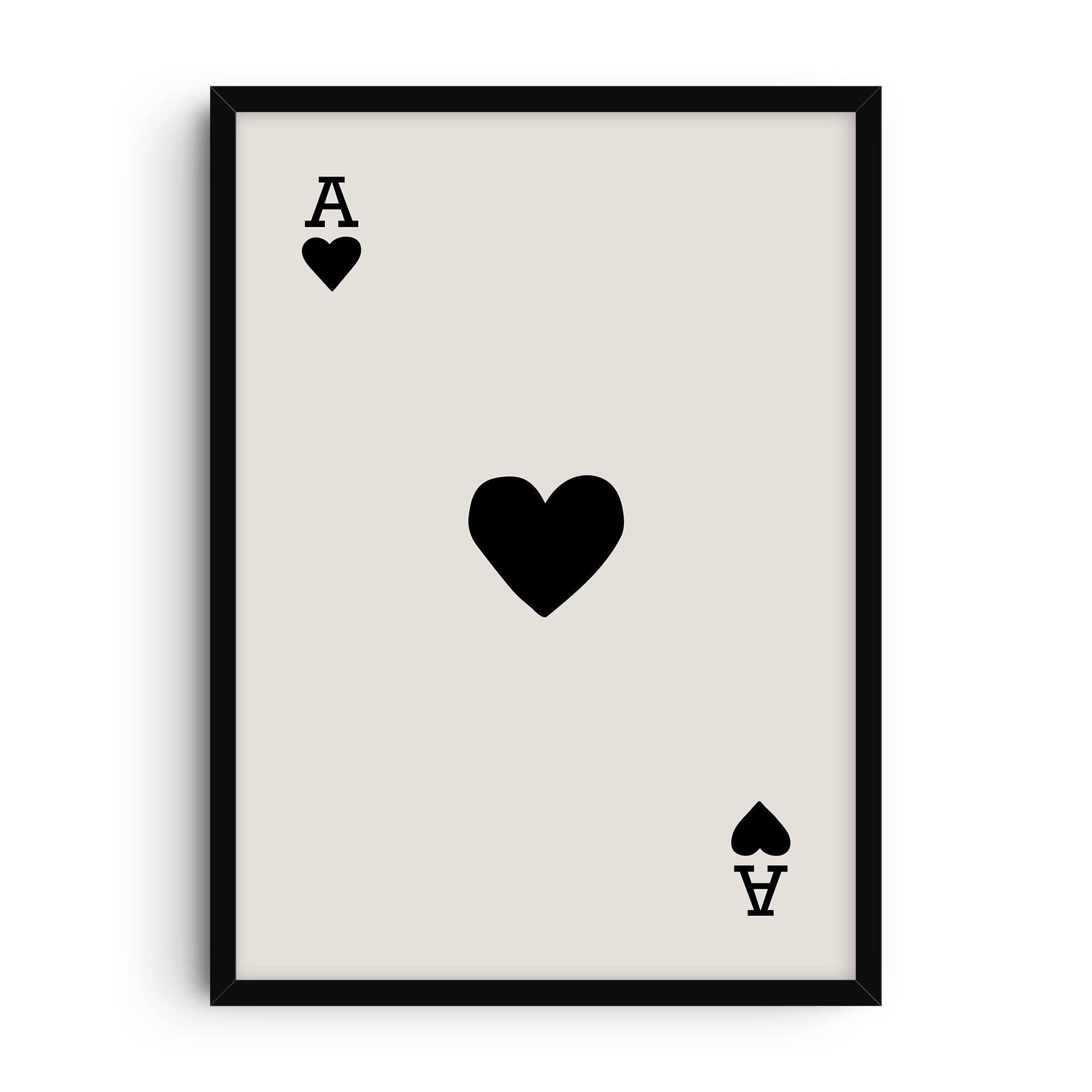 Minimalist Ace of Hearts poster featuring a large black heart centered on a soft beige background, with the letter A and small black hearts in the top left and bottom right corners, designed in the style of a playing card. A bold, graphic art print with modern minimalist appeal.