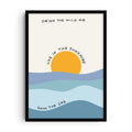 Minimalist poster featuring a bright yellow sun above layered blue ocean waves with playful typography reading “Drink the wild air,” “Live in the sunshine,” and “Swim the sea.” A modern, inspirational wall art print with coastal and summer themes.
