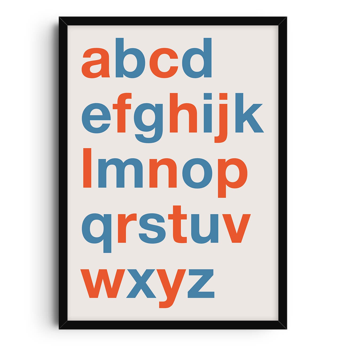 A vibrant alphabet poster featuring the full alphabet in bold blue and orange letters on a soft beige background, suitable for any room including living rooms, offices, and kids rooms due to its minimalist design and contemporary art style.