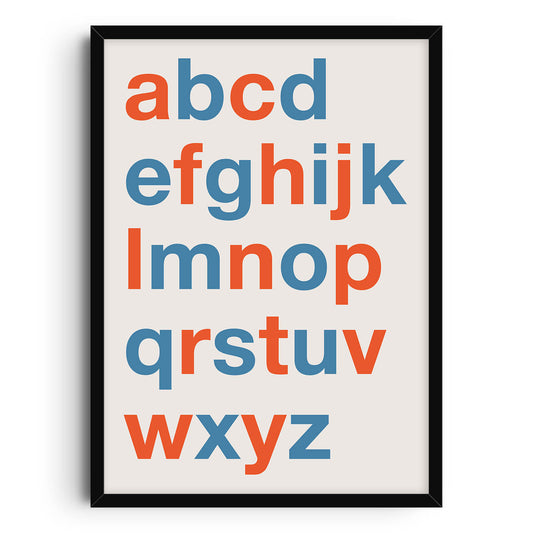 A vibrant alphabet poster featuring the full alphabet in bold blue and orange letters on a soft beige background, suitable for any room including living rooms, offices, and kids rooms due to its minimalist design and contemporary art style.