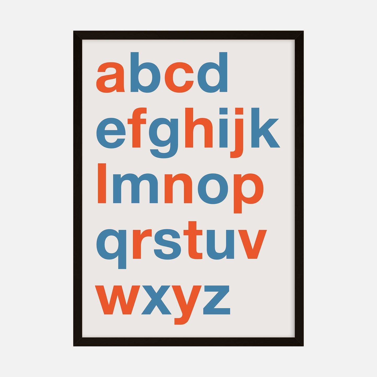 Modern typography art print featuring the alphabet in a vibrant mix of blue and orange letters on a clean, minimal background.