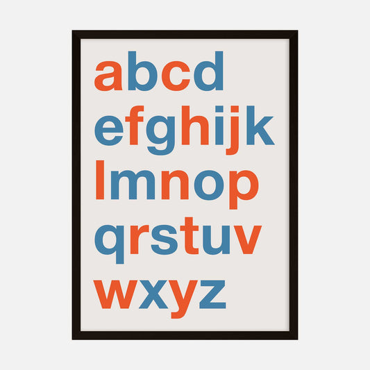 Modern typography art print featuring the alphabet in a vibrant mix of blue and orange letters on a clean, minimal background.