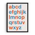 Minimalist alphabet poster featuring bold lowercase letters a through z in alternating orange and blue, arranged in a clean grid on a soft neutral background. A modern typography art print with playful design appeal.