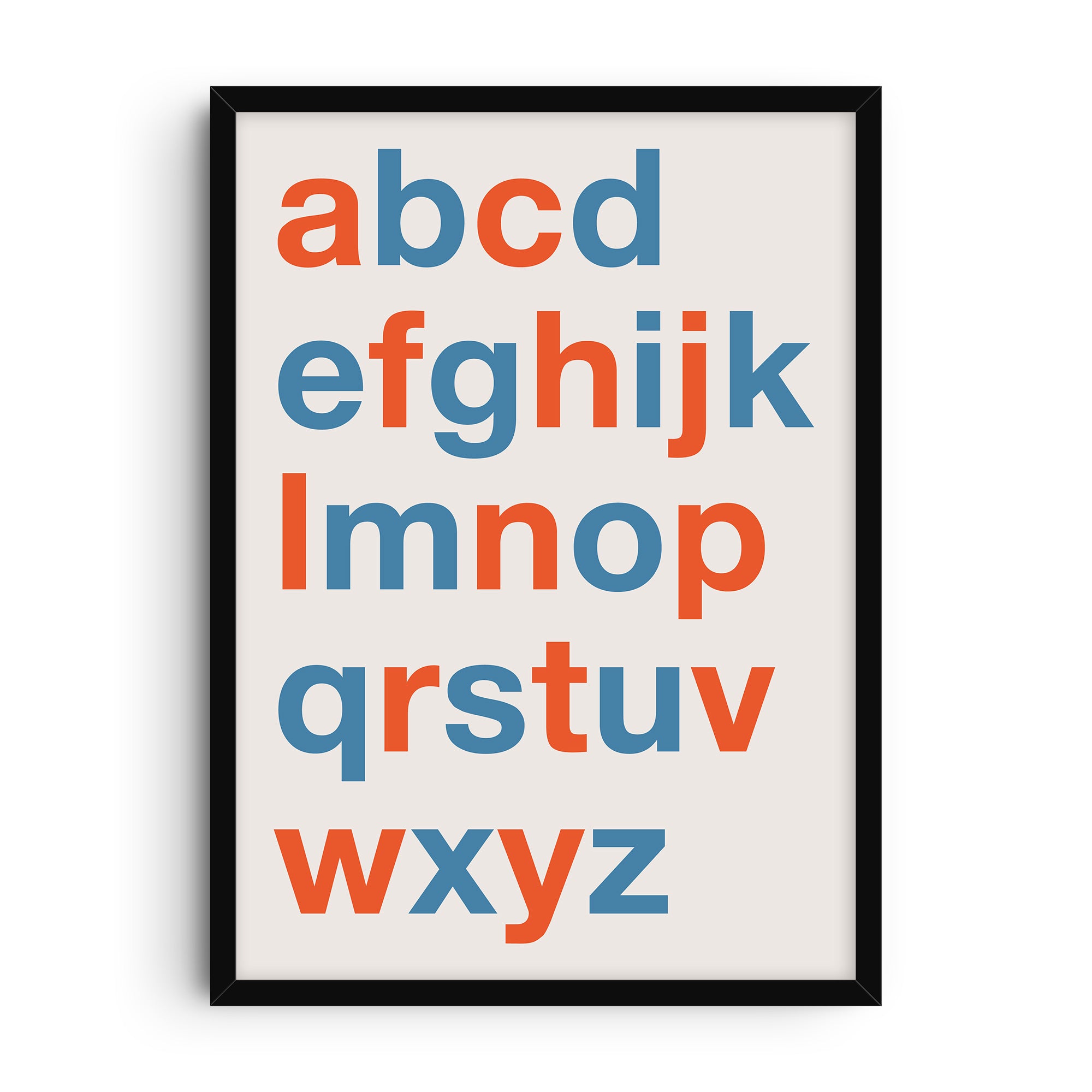 Minimalist alphabet poster featuring bold lowercase letters a through z in alternating orange and blue, arranged in a clean grid on a soft neutral background. A modern typography art print with playful design appeal.