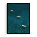 Photographic art print showing three boats floating on the shimmering deep blue waters of the Amalfi Coast. The vibrant Mediterranean seascape captures turquoise textures and sunny reflections, evoking summer travel and coastal living.