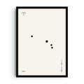 Minimalist Aries constellation print featuring the Aries star pattern in simple black dots on a soft beige background. Includes the Aries symbol, zodiac name, and date range March 21 – April 19.