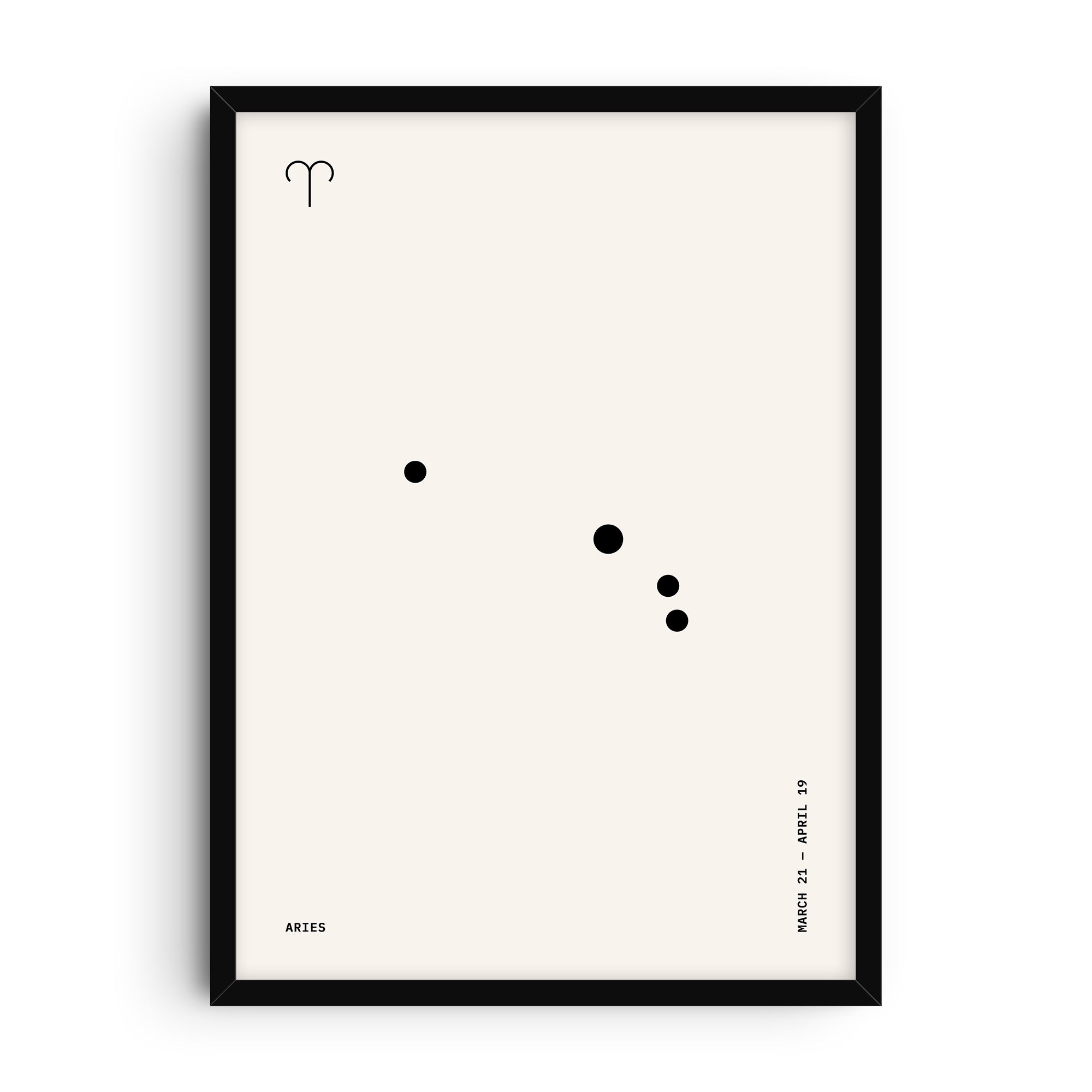 Minimalist Aries constellation print featuring the Aries star pattern in simple black dots on a soft beige background. Includes the Aries symbol, zodiac name, and date range March 21 – April 19.