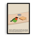 Illustrated art print of a colorful bird with green wings and a red head, shown with a black censorship bar over its eyes. The bird sits beside a bowl of water and a piece of bread on a table. Below, text describes the true 2019 Dutch news story of a shoplifter and his pet bird taken into custody. A witty and humorous wall art piece.