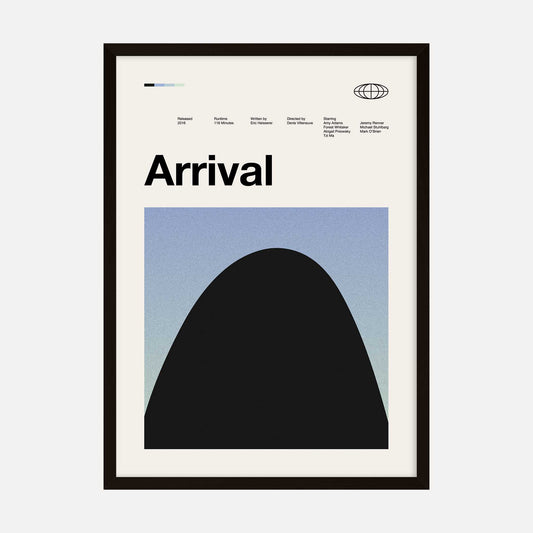 Minimalist art print inspired by the sci-fi film Arrival, featuring a black alien ship silhouette against a gradient background with simple typography.