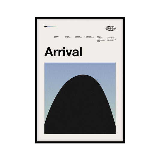 Poster in mid century modern style for the movie Arrival, featuring general movie information at the top and a minimalist abstract illustration of a spaceship at the bottom.