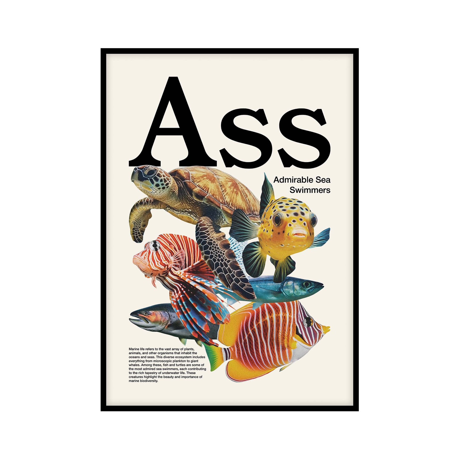 Poster with a warm white background featuring the word Ass in big black font at the top, followed by the saller text Admirable Sea Swimmers underneath. The middle of the poster showcases colorful fish and a turtle.