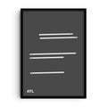 Minimalist dark-background art print of Atlanta’s Hartsfield–Jackson International Airport runways, showing six parallel runways labeled 8L/26R, 8R/26L, 9L/27R, 9R/27L, and 10/28 in a clean graphic layout.