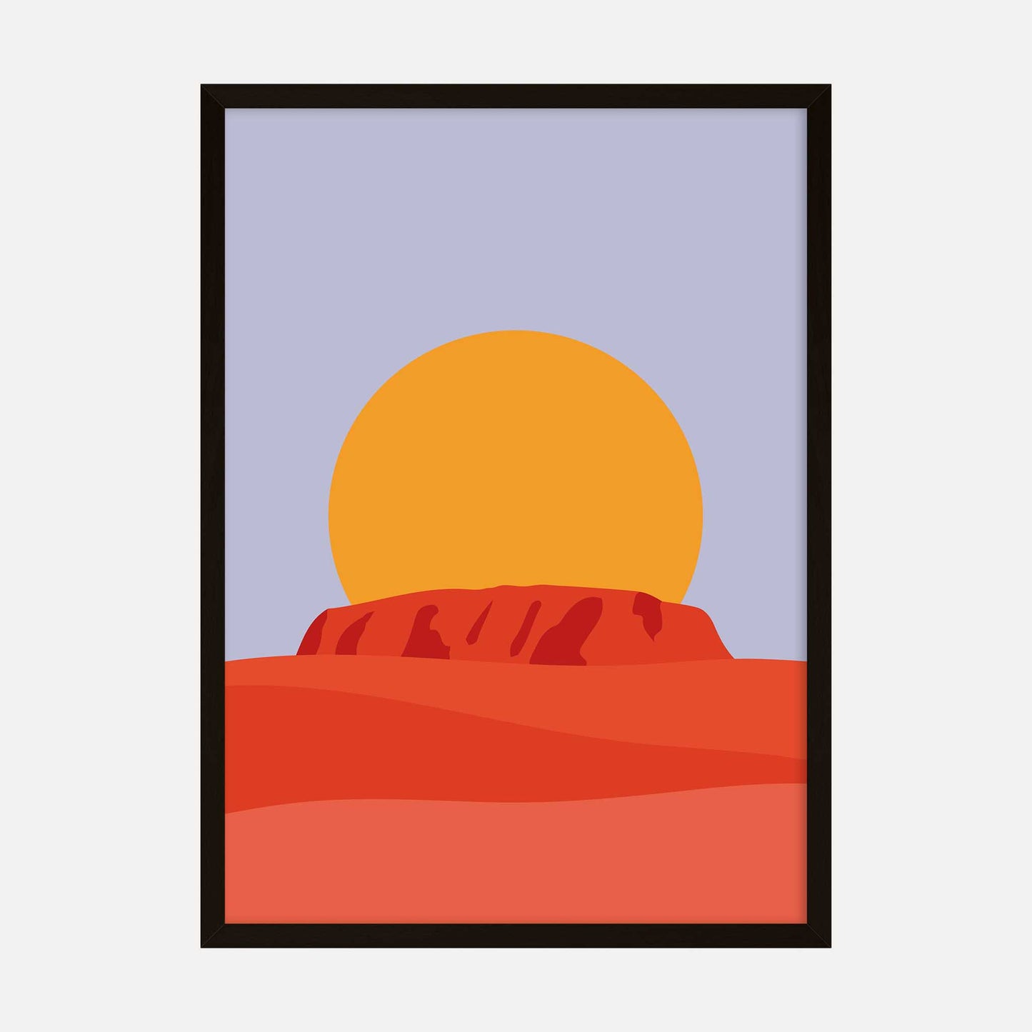 Minimalist art print of a sunset over Uluru in Australia, featuring warm earth tones in orange and red.