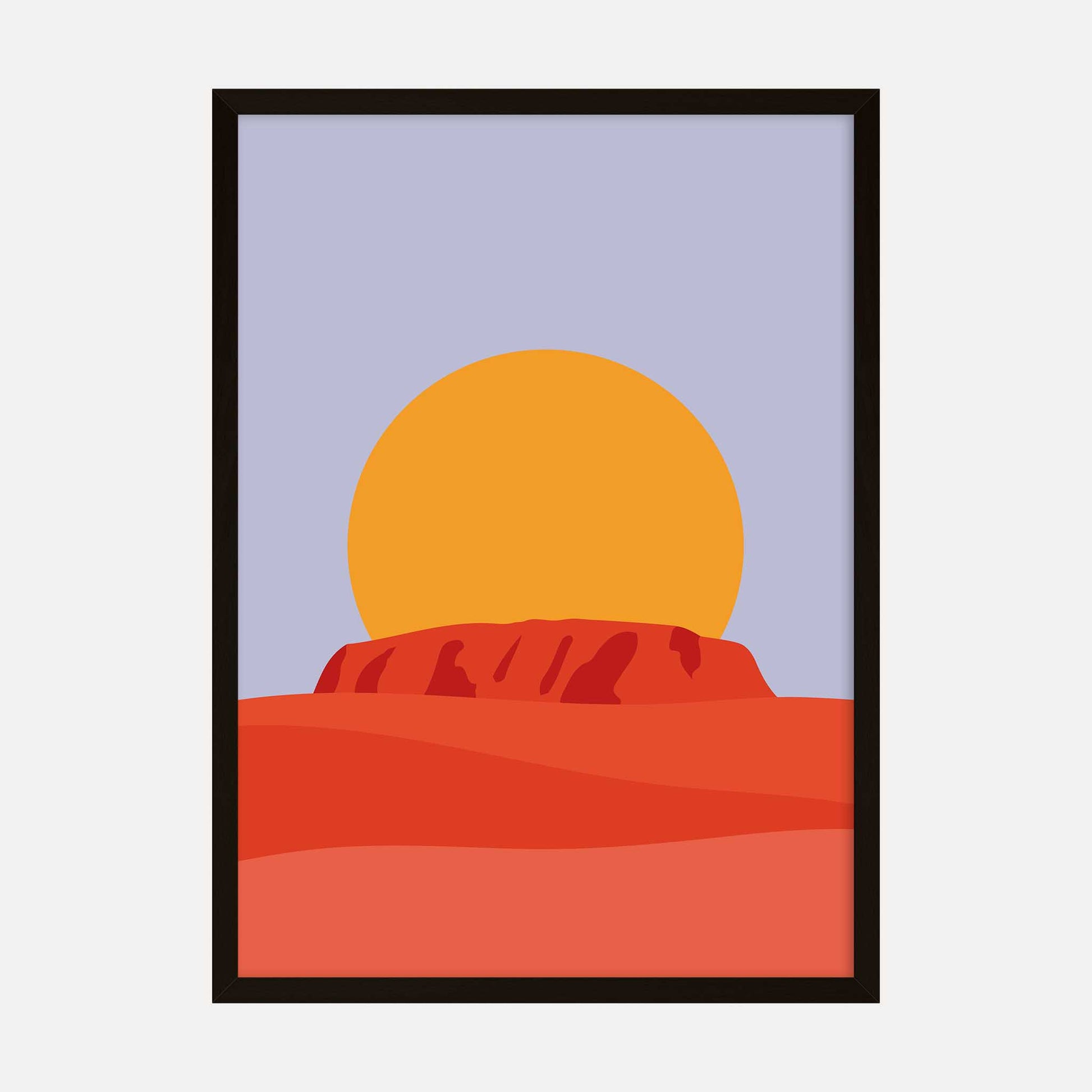 Minimalist art print of a sunset over Uluru in Australia, featuring warm earth tones in orange and red.