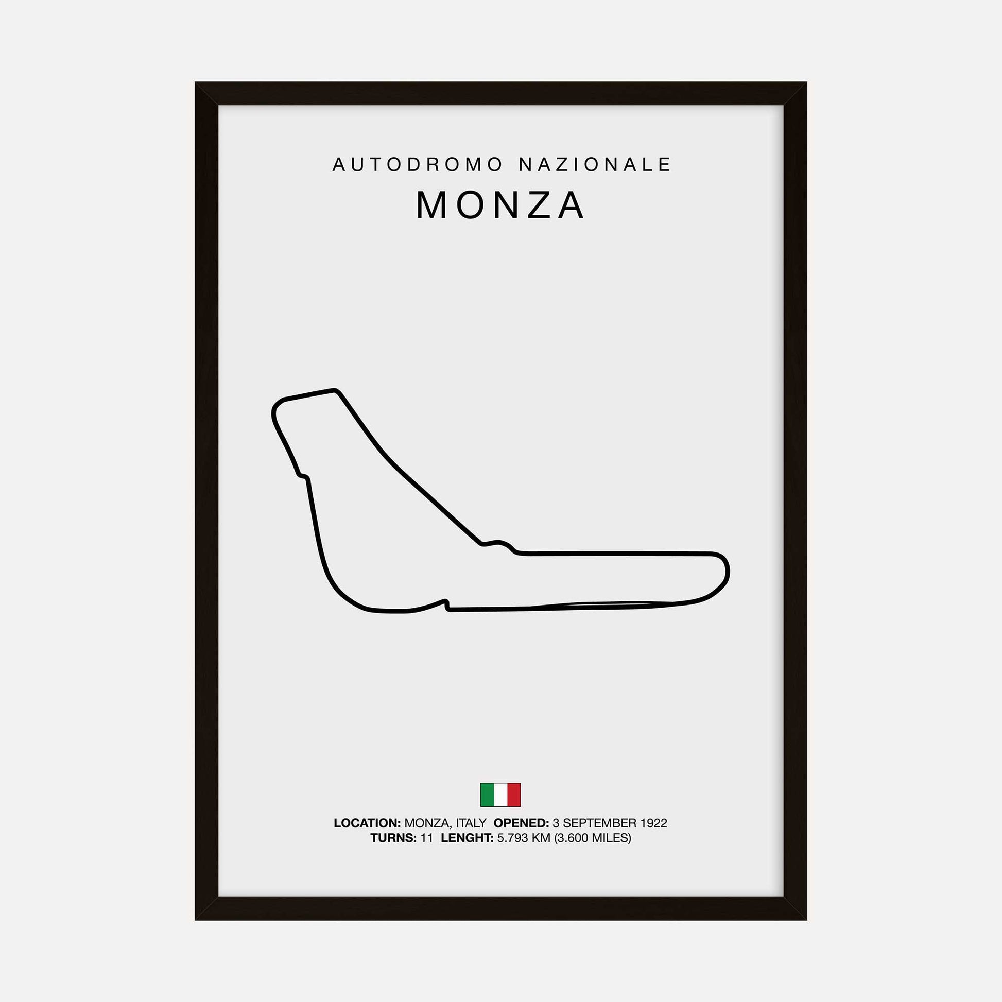 Minimalist art print of the Autodromo Nazionale Monza track outline, showcasing the iconic Italian racing circuit in a clean, modern design.