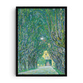Art print reproduction of Gustav Klimt’s Avenue in Schloss Kammer Park (1912), showing a tree-lined avenue with tall green trees forming an archway that frames the yellow facade of Schloss Kammer in the background. The painting features Klimt’s signature textured brushstrokes in vivid greens, blues, and yellows.