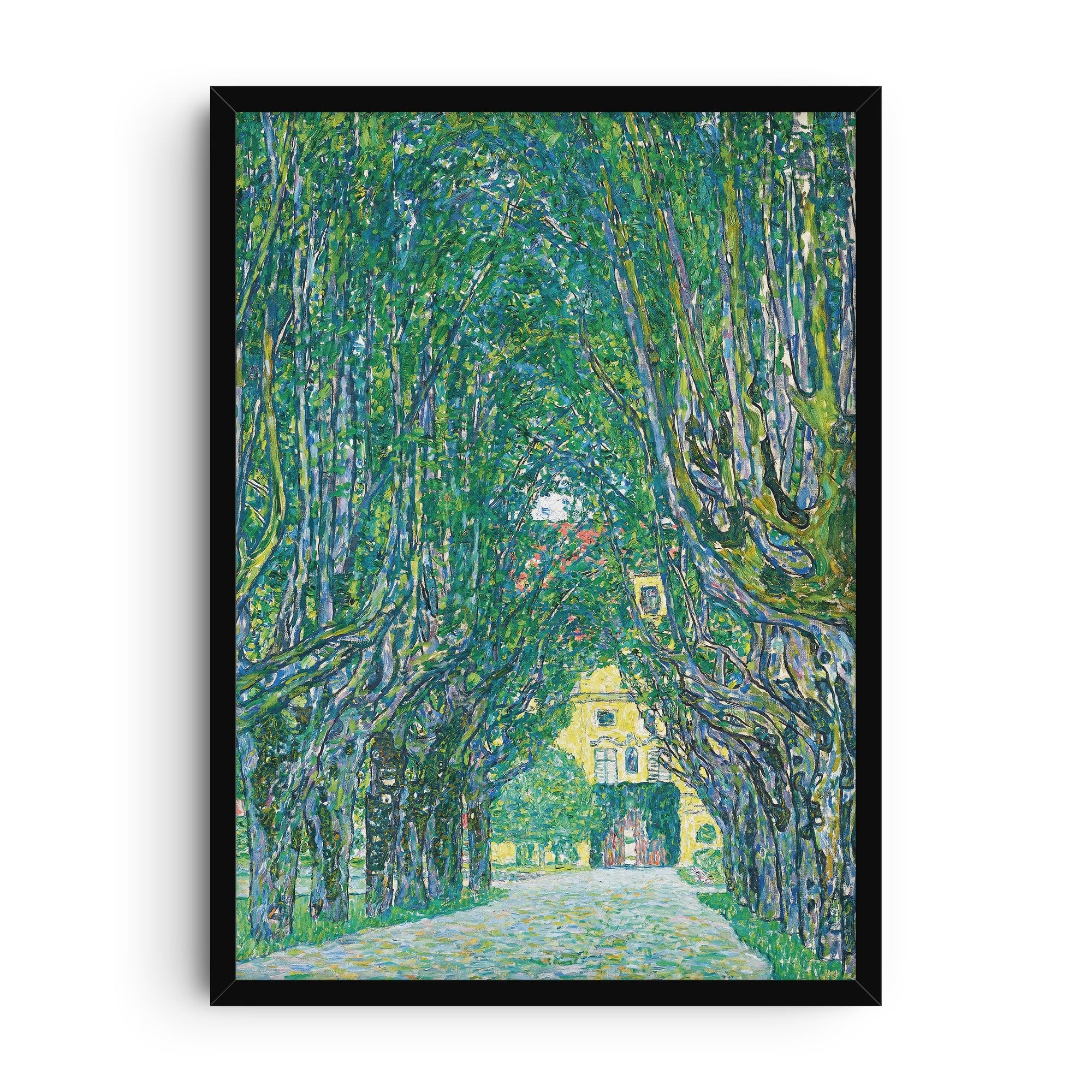 Art print reproduction of Gustav Klimt’s Avenue in Schloss Kammer Park (1912), showing a tree-lined avenue with tall green trees forming an archway that frames the yellow facade of Schloss Kammer in the background. The painting features Klimt’s signature textured brushstrokes in vivid greens, blues, and yellows.