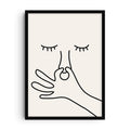 Minimalist line art print showing a simple face with closed eyes and a hand pinching its nose in reaction to a bad smell. Clean black lines on a neutral background create a playful and humorous illustration.