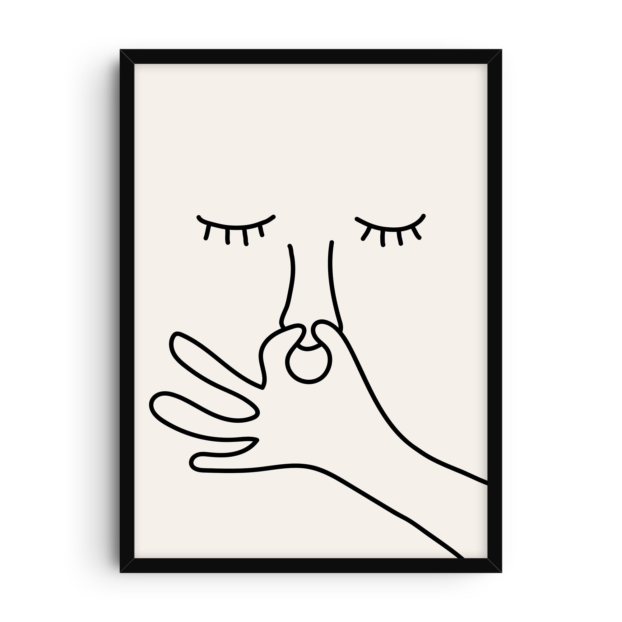 Minimalist line art print showing a simple face with closed eyes and a hand pinching its nose in reaction to a bad smell. Clean black lines on a neutral background create a playful and humorous illustration.