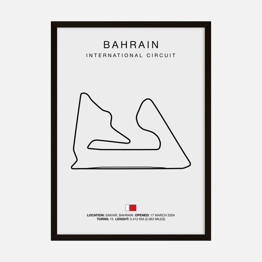 Minimalist art print of the Bahrain International Circuit track outline, showcasing the unique layout of the Sakhir race track in a modern design.