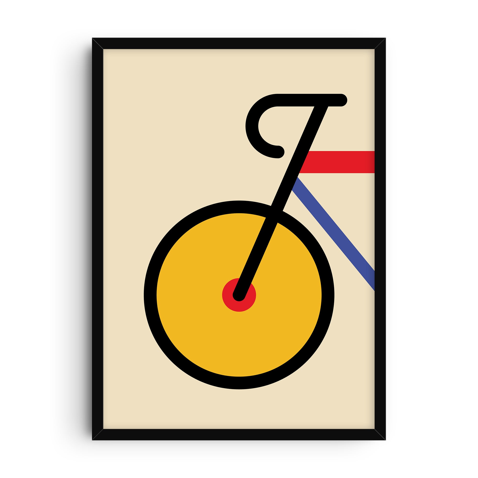 Minimalist Bauhaus-style art print of a bicycle featuring geometric shapes in yellow, red, blue, and black on a beige background, modern wall decor poster.