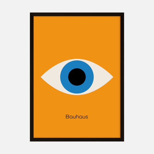 Bauhaus-inspired geometric eye print with an orange background.