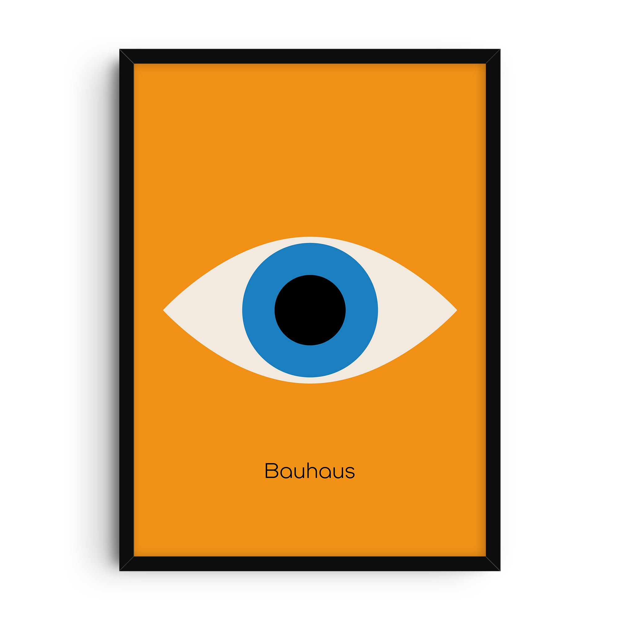 Bauhaus-inspired art print showing a large geometric eye with a blue iris and black pupil set against a vivid orange background. Below the design, the word “Bauhaus” appears in minimalist typography.