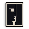 Bauhaus-inspired art print showing an abstract geometric face created from bold black and beige rectangular forms. A minimalist modernist design in a dark, graphic style.