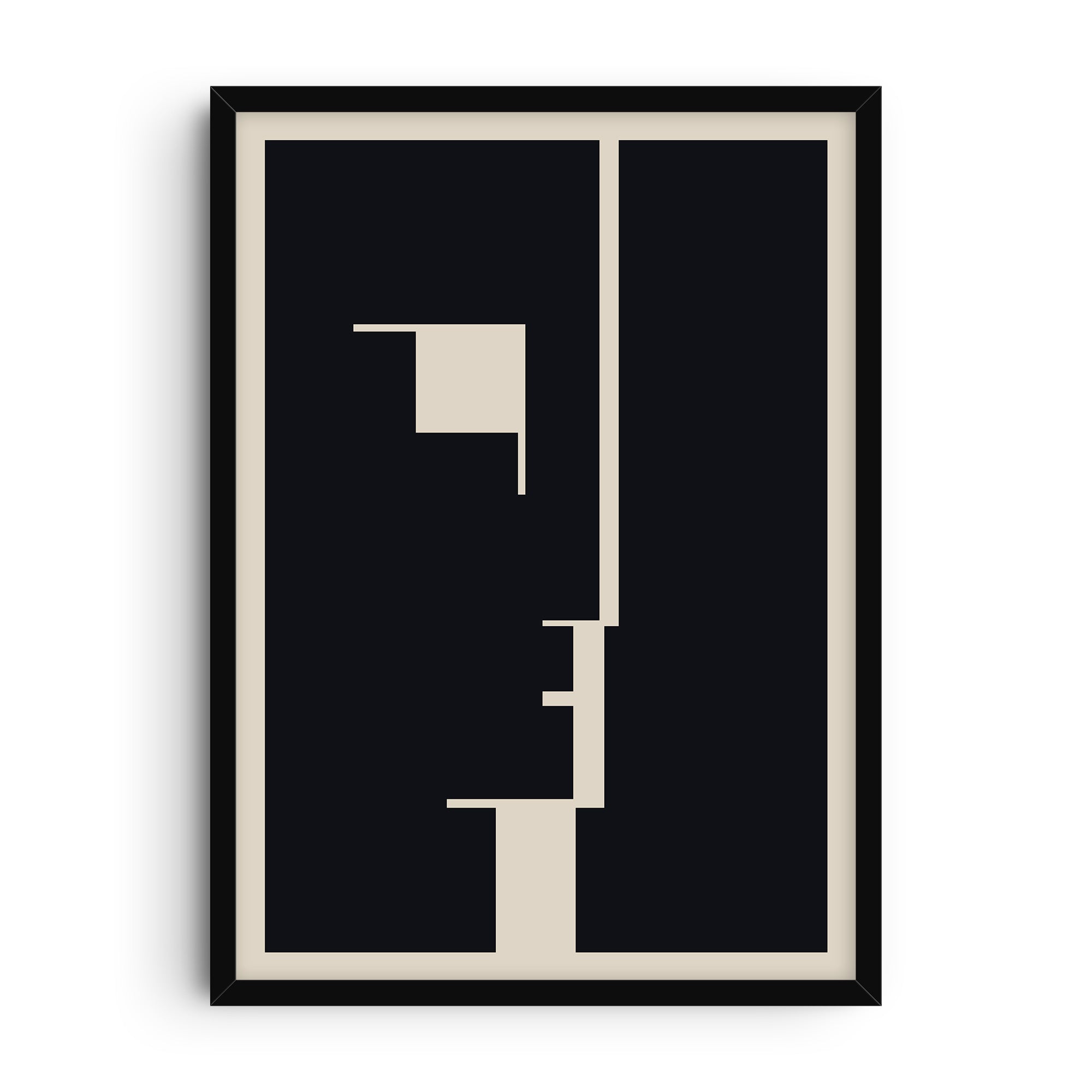 Bauhaus-inspired art print showing an abstract geometric face created from bold black and beige rectangular forms. A minimalist modernist design in a dark, graphic style.
