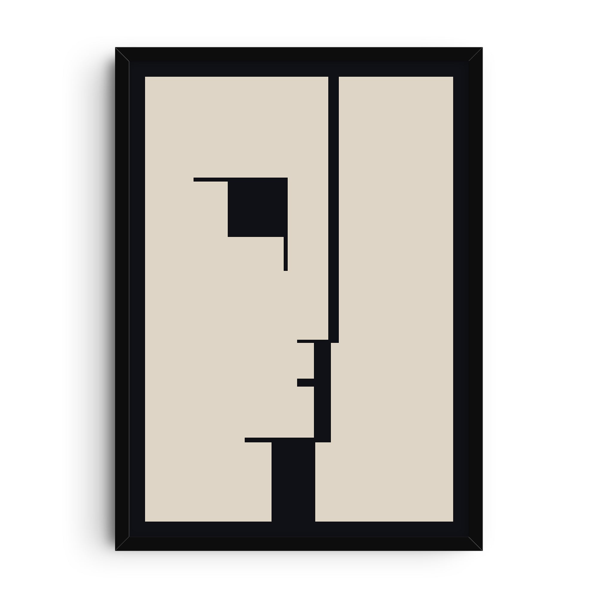 Bauhaus-inspired art print showing an abstract geometric face composed of beige and black rectangular shapes. A minimalist modernist design with bold graphic style.