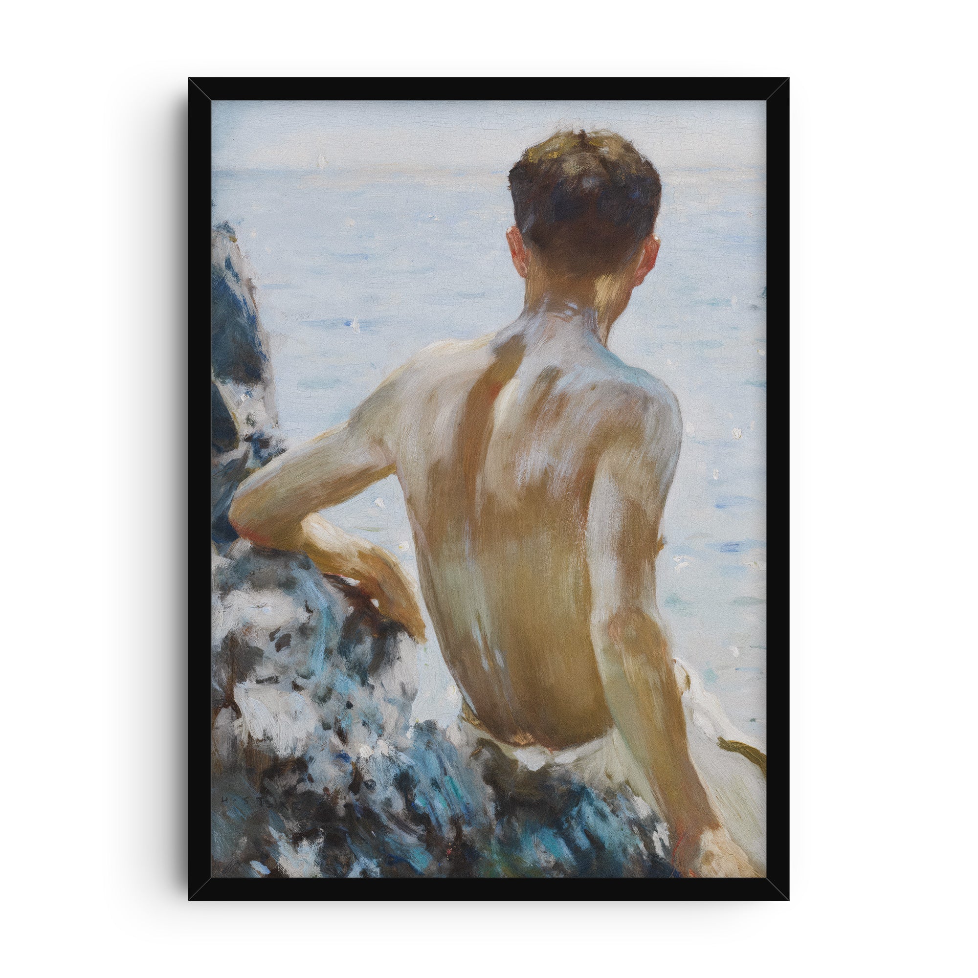 Reproduction of Henry Scott Tuke’s Beach Study, showing the back of a seated figure with bare torso resting on rocky coastal cliffs while gazing toward the calm blue sea. Painted in impressionistic brushstrokes with sunlit tones of skin, stone, and water.